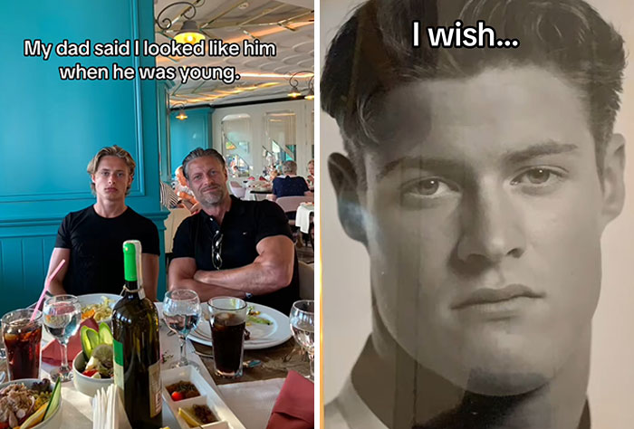 Father and son at a restaurant with text about kids realizing their parents are cooler and hotter than them.