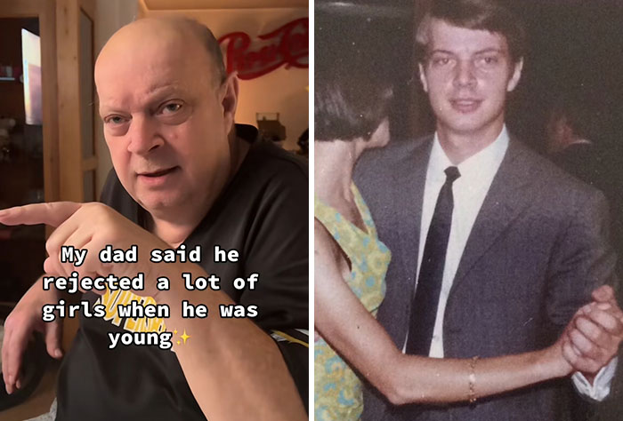 Side-by-side photos showing a dad sharing cool stories and a vintage image capturing his younger, stylish self.