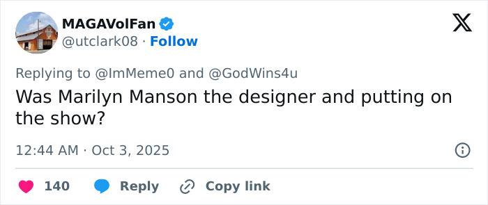 Tweet asking if Marilyn Manson was the designer behind the controversial Paris Fashion Week Hunger Games-inspired show.