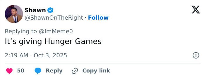 Screenshot of a tweet reading Its giving Hunger Games in response to a comment on Paris Fashion Week controversy.