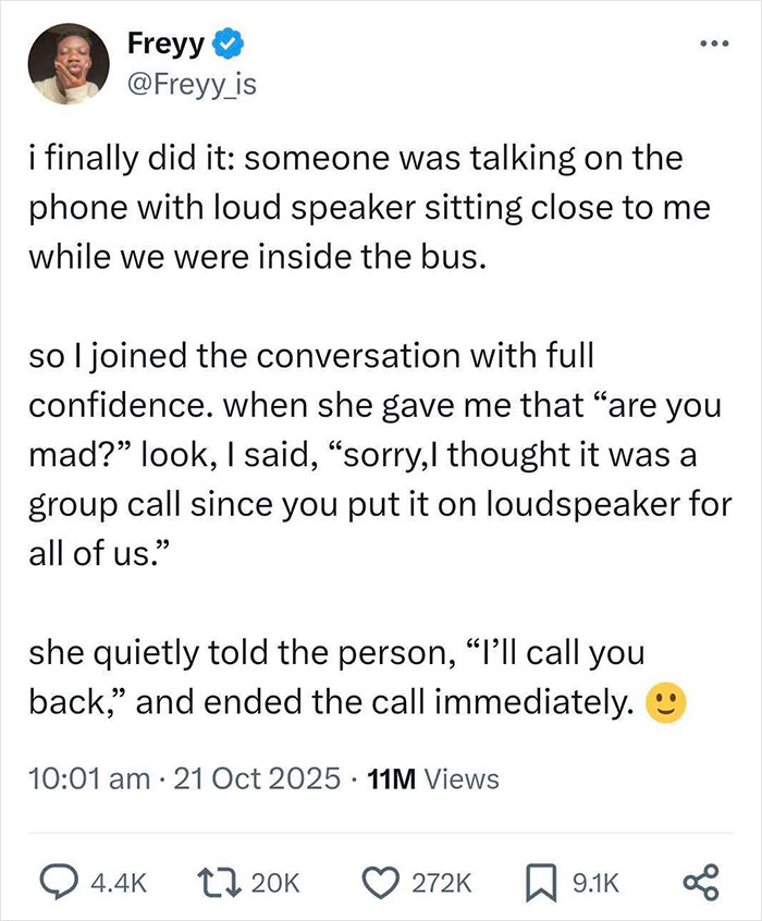 Twitter post showing a user describing how they shut down a speakerphone user on a bus with confidence. Twitter post showing a user describing how they shut down a speakerphone user on a bus with confidence.