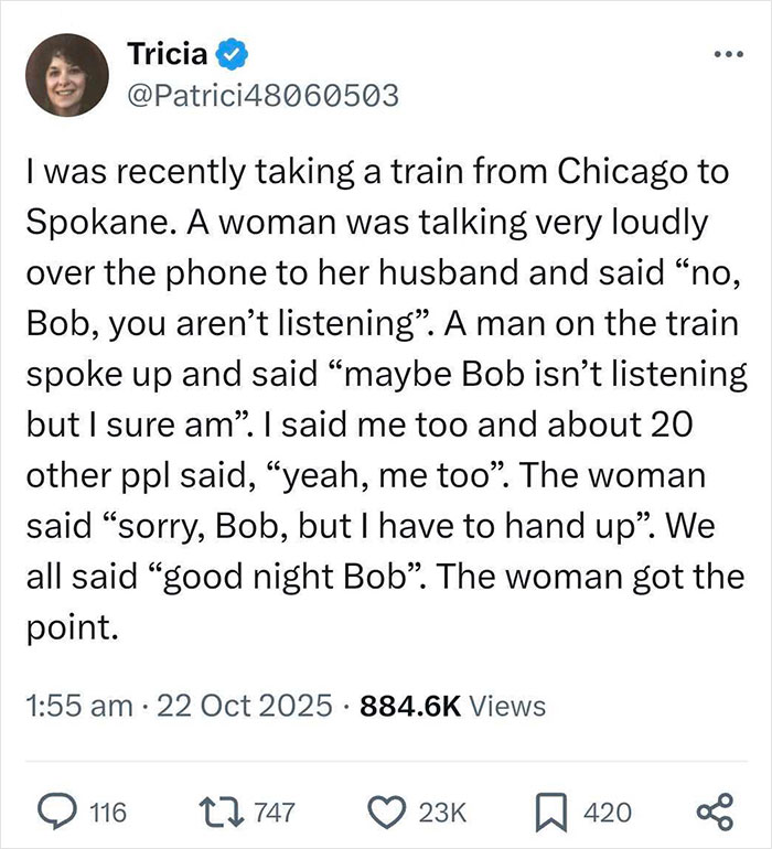 Tweet about a man shutting down a loud speakerphone user on a train, with others joining in. Tweet about a man shutting down a loud speakerphone user on a train, with others joining in.
