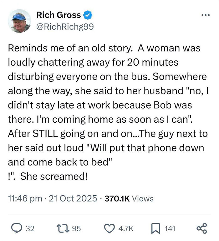 Tweet by Rich Gross sharing a story about shutting down a loud speakerphone user on a bus. Tweet by Rich Gross sharing a story about shutting down a loud speakerphone user on a bus.