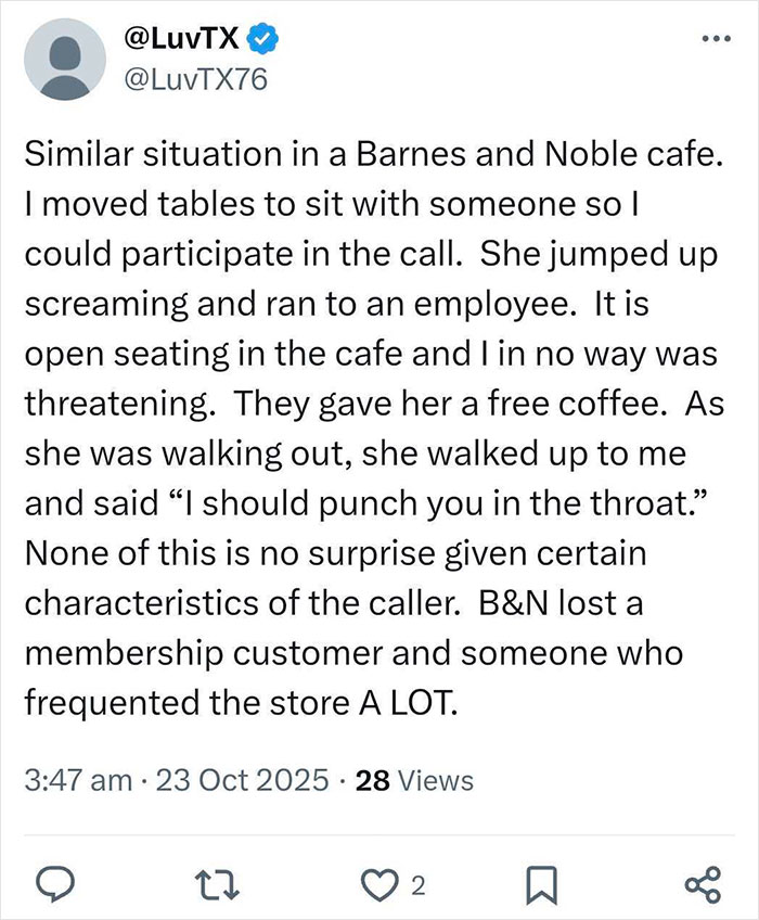 Tweet describing a speakerphone user causing a scene in a Barnes and Noble cafe, sparking reactions from others. Tweet describing a speakerphone user causing a scene in a Barnes and Noble cafe, sparking reactions from others.