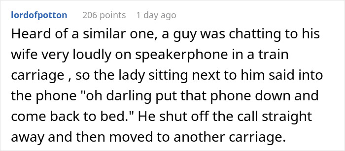 Reddit comment describing a man shutting down a loud speakerphone user on a train after a woman's sharp remark. Reddit comment describing a man shutting down a loud speakerphone user on a train after a woman's sharp remark.