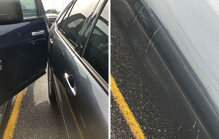 Black car door open from adjacent vehicle hitting it, showing scratches and damage, example of people allergic to acting like sensible adults.