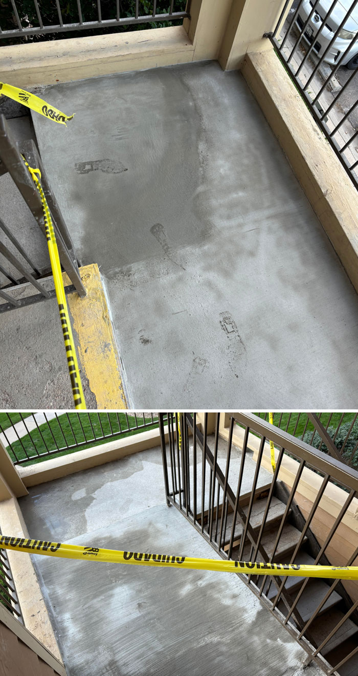 Freshly poured concrete on outdoor stairs with caution tape blocking the area and wet footprints visible.