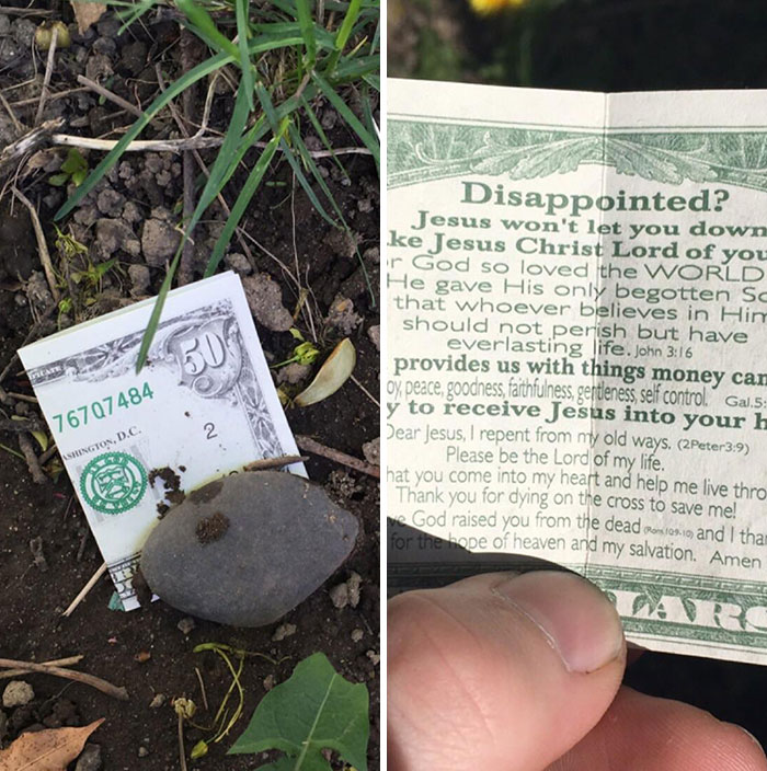Folded dollar bill with religious text held over soil and rocks, part of a collection featuring people allergic to acting sensible adults