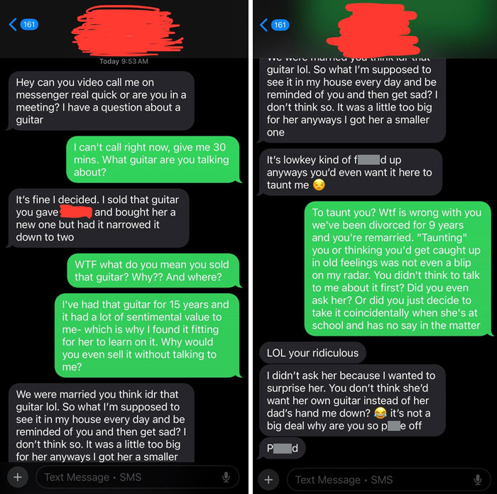 Text message exchange showing a bizarre argument highlighting people allergic to acting like sensible adults.