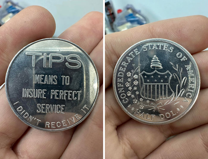 Silver token held in hand with ironic tip message and Confederate States half dollar design, fitting unusual adult behavior theme.