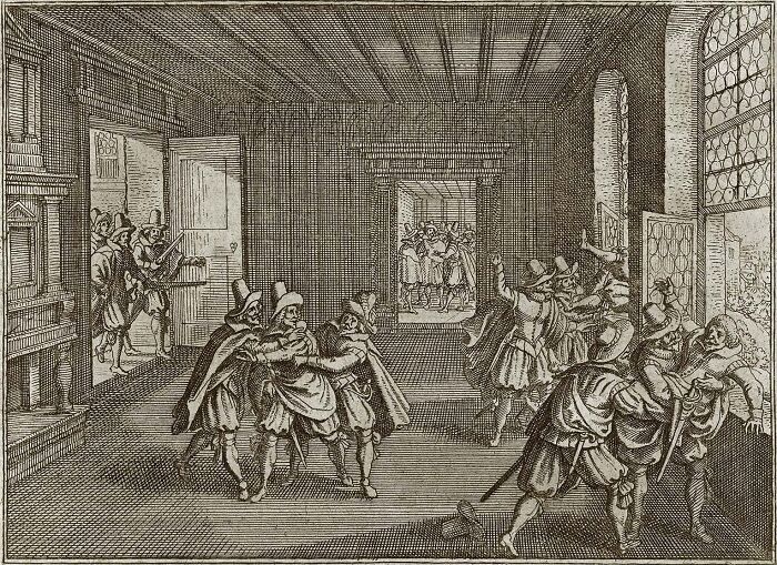 Engraving depicting a chaotic historical scene with multiple men in period clothing, illustrating disturbing Wikipedia pages.