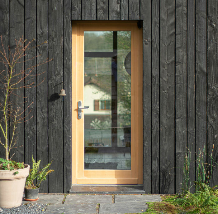 Modern wooden door with glass panel framed by black wood siding, symbolizing childhood moments people still cringe about today.