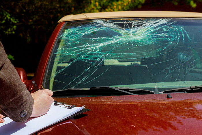 Person inspecting a car with a shattered windshield, documenting damage after a nightmare survival situation.