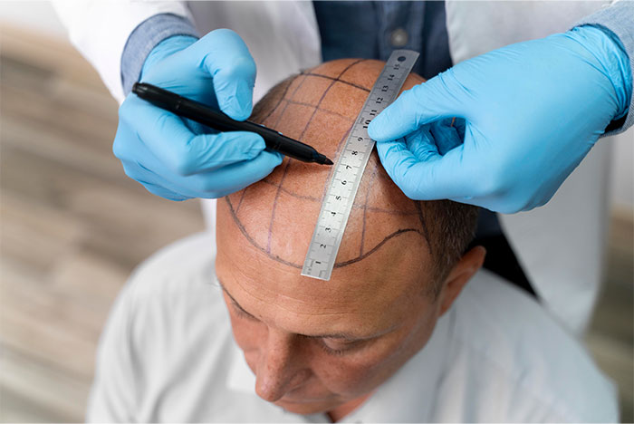 Person undergoing hair transplant surgery with doctor marking scalp, highlighting bone-chilling stories from surgery experiences.