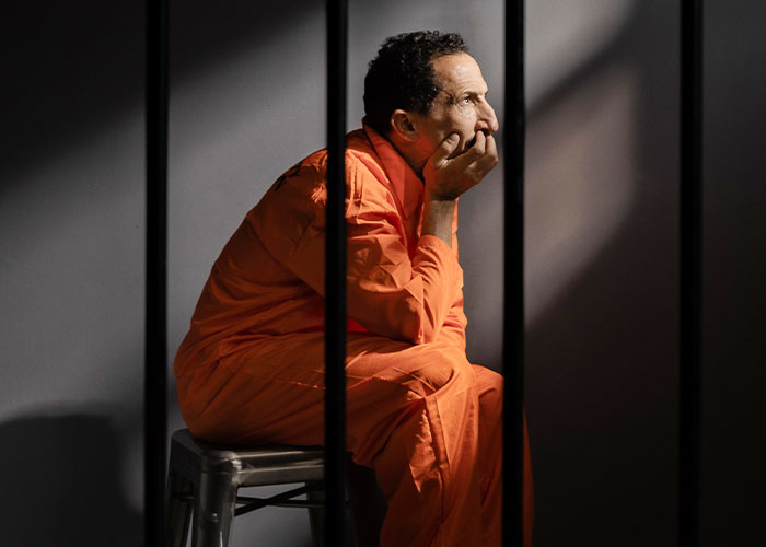 Man in orange prison jumpsuit sitting on a stool behind bars, reflecting on how to ruin your entire life.