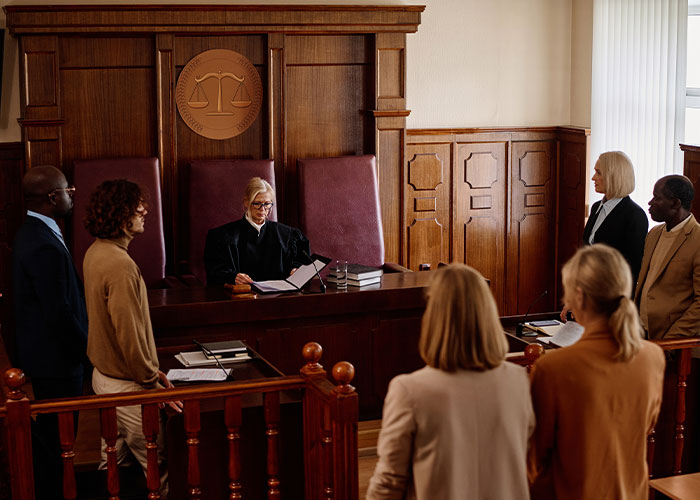 Judge presiding over courtroom scene with people standing, reflecting real and sobering stories of how to ruin your life online.