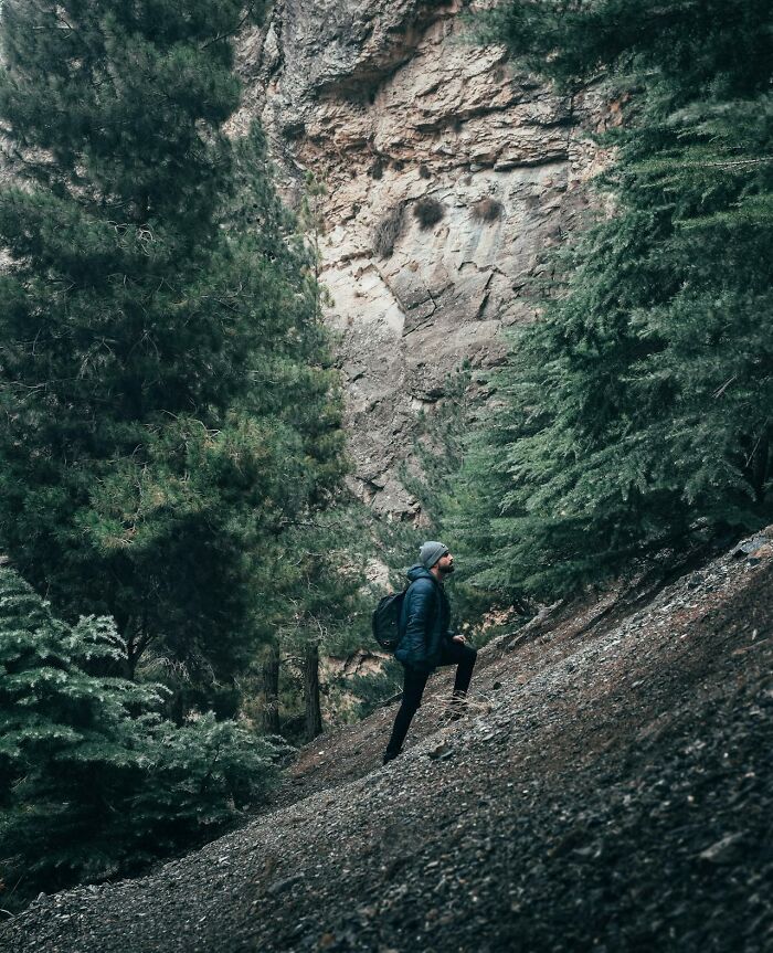 Man hiking alone through dense forest near rocky cliff, nature exploration scene for true crime fans outdoors