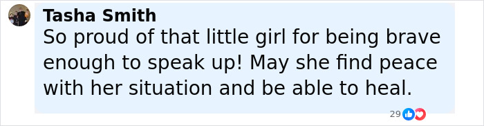 Comment from Tasha Smith expressing pride in a 12-year-old girl for bravery in escaping mistreatment and seeking peace.