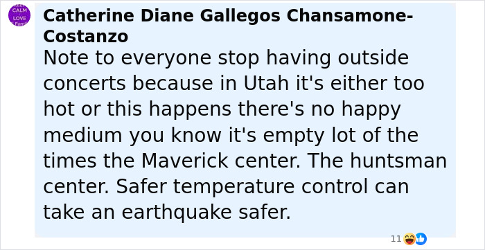 Comment expressing concerns about safety at outdoor concerts in Utah amid extreme weather and accidents.