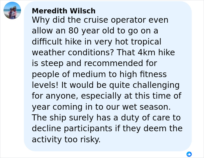 Comment discussing concerns over elderly woman found deceased after being abandoned by cruise ship on Great Barrier Reef.