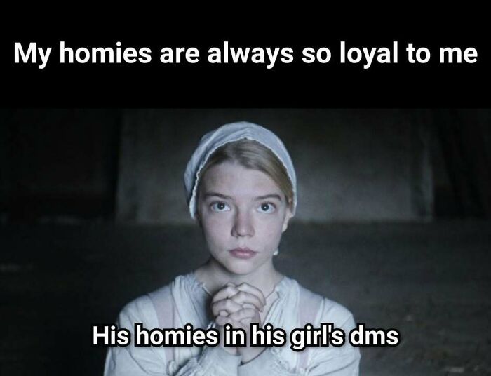 Young woman clasping hands with a serious expression, paired with unhinged memes about evil thoughts and loyalty.