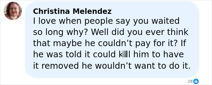 Comment by a user named Christina Melendez discussing reasons for delayed treatment of a man with a 4-lb face tumor.