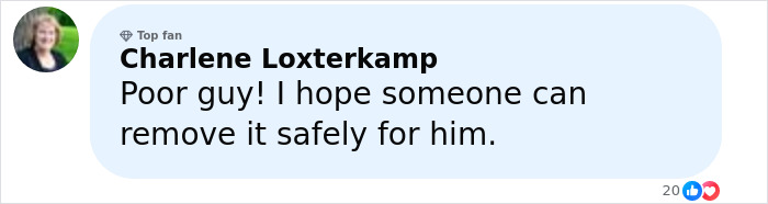 Comment from Charlene Loxterkamp expressing sympathy and hope for urgent help to man with 4-lb face tumor and fatal warning from doctor