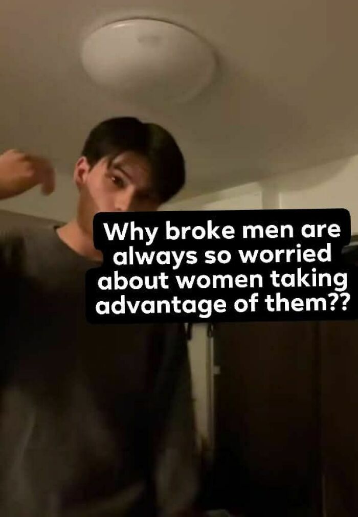 Young man indoors with text meme about broke men worried about women, reflecting evil thoughts and unhinged humor.