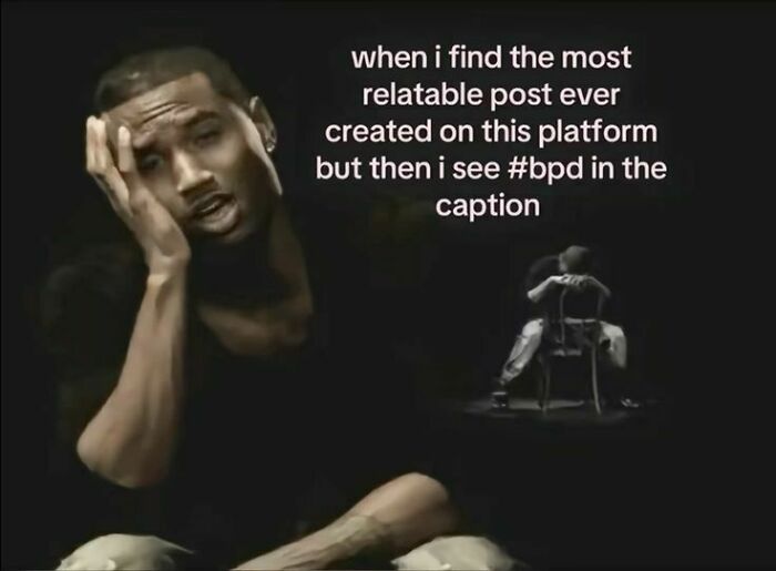 Man with tired expression holding his face, with text referencing relatable posts and confusing evil thoughts meme.