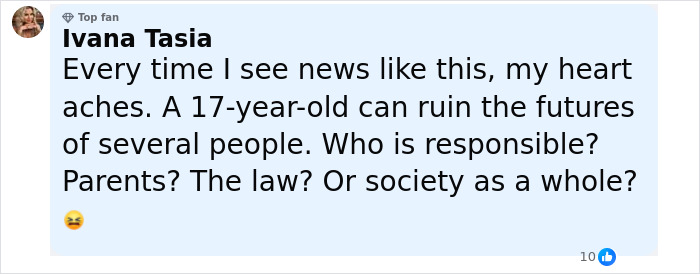 Facebook comment expressing concern over a teen driver in a fatal hit-and-run and asking who is responsible.
