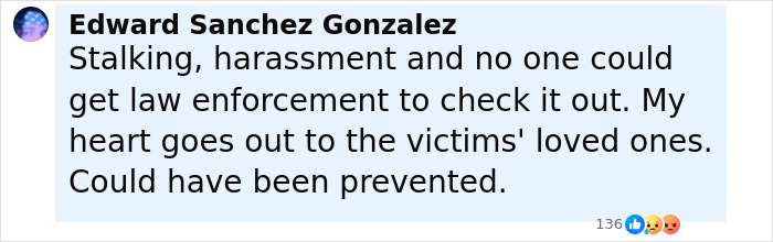 Comment from Edward Sanchez Gonzalez expressing concern about stalking, harassment, and calls for law enforcement action in a teen driver fatal hit-and-run case.