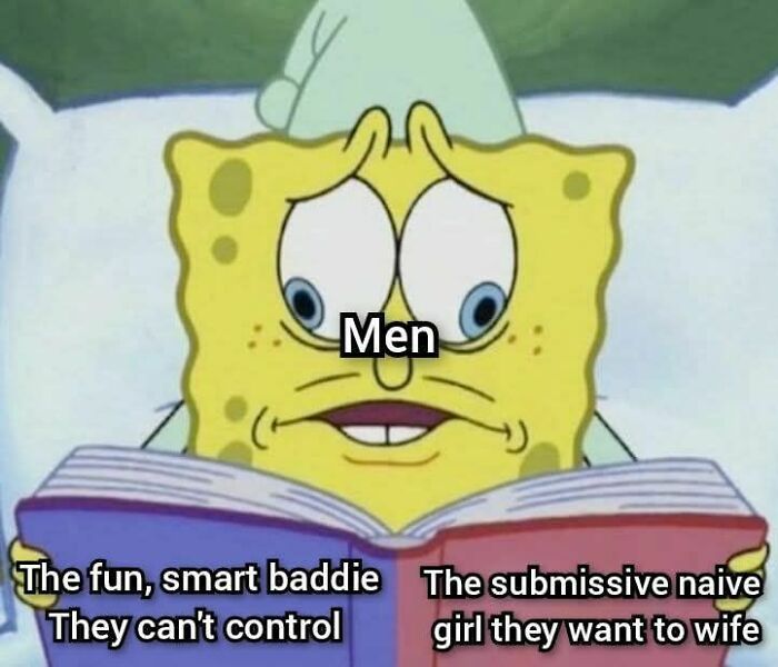 SpongeBob with a worried face reading a book, illustrating evil thoughts and confusing meme humor.