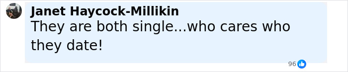 Facebook comment by Janet Haycock-Millikin saying they are both single who cares who they date, relating to Justin Trudeau romance midlife crisis.