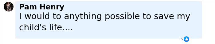 Comment from Pam Henry expressing willingness to do anything possible to save her child's life, related to chemo refusal. Comment from Pam Henry expressing willingness to do anything possible to save her child's life, related to chemo refusal.