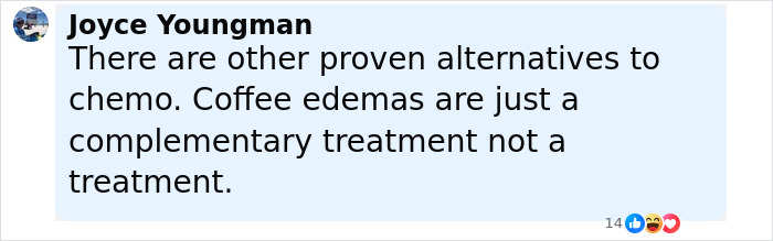 Facebook comment by Joyce Youngman discussing alternative treatments to chemo for cancer patients online. Facebook comment by Joyce Youngman discussing alternative treatments to chemo for cancer patients online.