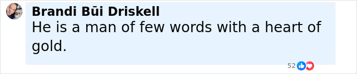 User comment by Brandi Bui Driskell stating he is a man of few words with a heart of gold, related to Rosie O'Donnell and Keanu Reeves controversy.