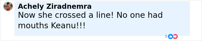 Comment saying crossed a line and defending Keanu Reeves in a social media post, sparking outrage discussion.