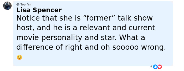 Comment by Lisa Spencer discussing a former talk show host and current movie star relates to Keanu Reeves controversy.