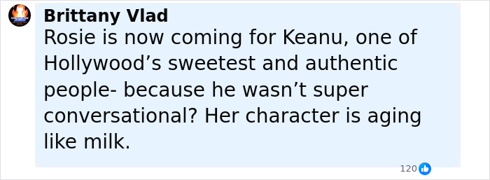 Comment mentioning Rosie O'Donnell criticizing Keanu Reeves as her worst guest, sparking controversy online.