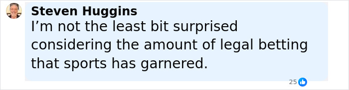 Steven Huggins expressing disbelief about legal sports betting in a social media comment on NBA gambling scandal.