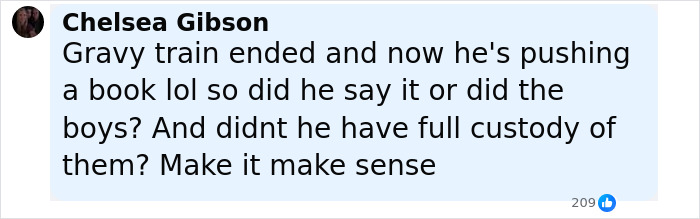 Comment by Chelsea Gibson discussing Kevin Federline, Britney Spears, and custody concerns involving their sons. Comment by Chelsea Gibson discussing Kevin Federline, Britney Spears, and custody concerns involving their sons.