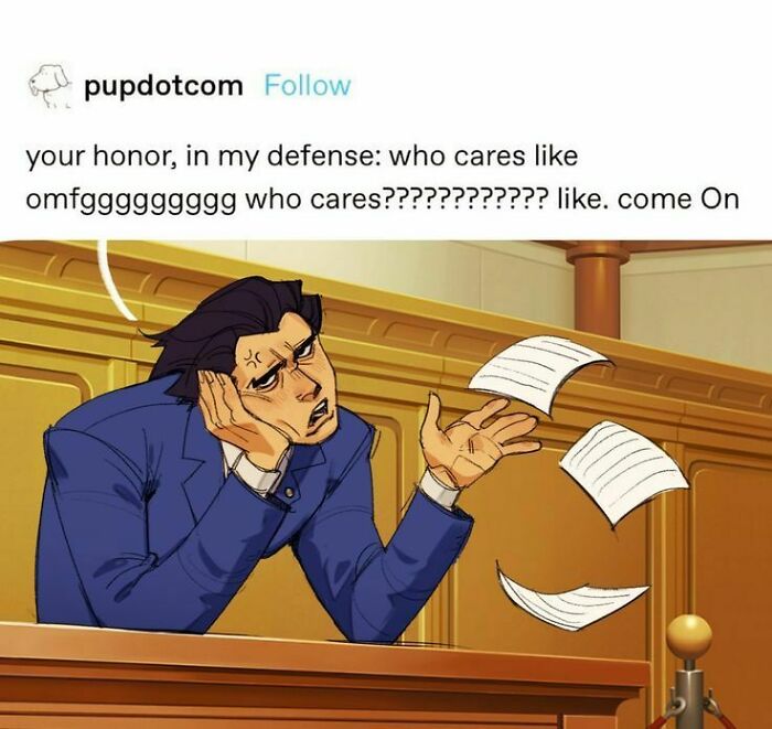 Animated person in a courtroom throwing papers, expressing frustration, paired with an unhinged meme about evil thoughts.