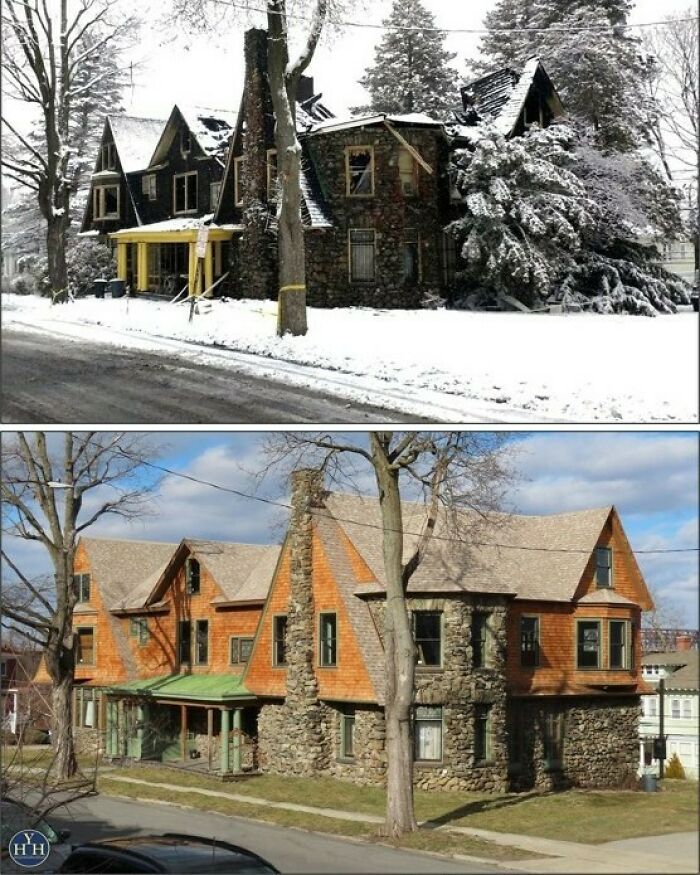 Stone and wood house restored to historical glory with fresh roofing and renovated exterior in a clear seasonal contrast.