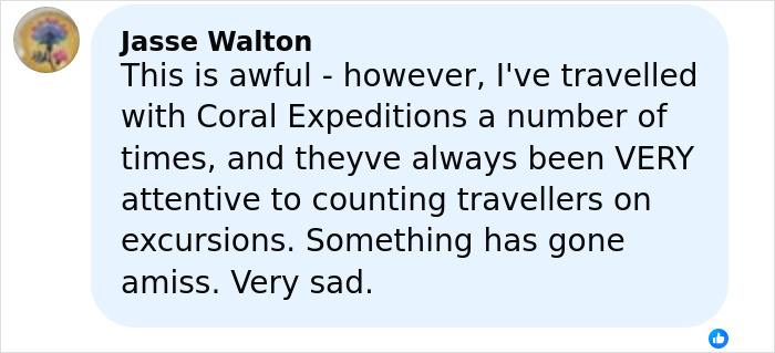 Comment from Jasse Walton expressing concern about an elderly woman stranded on a remote island by a cruise ship.