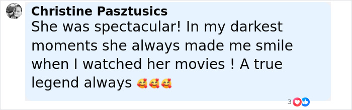 Comment by Christine Pasztusics praising Diane Keaton as a true legend after her unexpected passing.