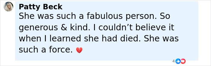 Comment expressing shock and sadness over Diane Keaton cause revealed after unexpected passing, with a broken heart emoji.