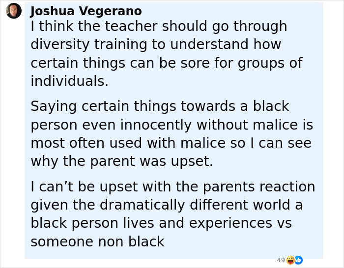 Comment discussing white teacher accused of racism for singing offensive birthday song to black student.