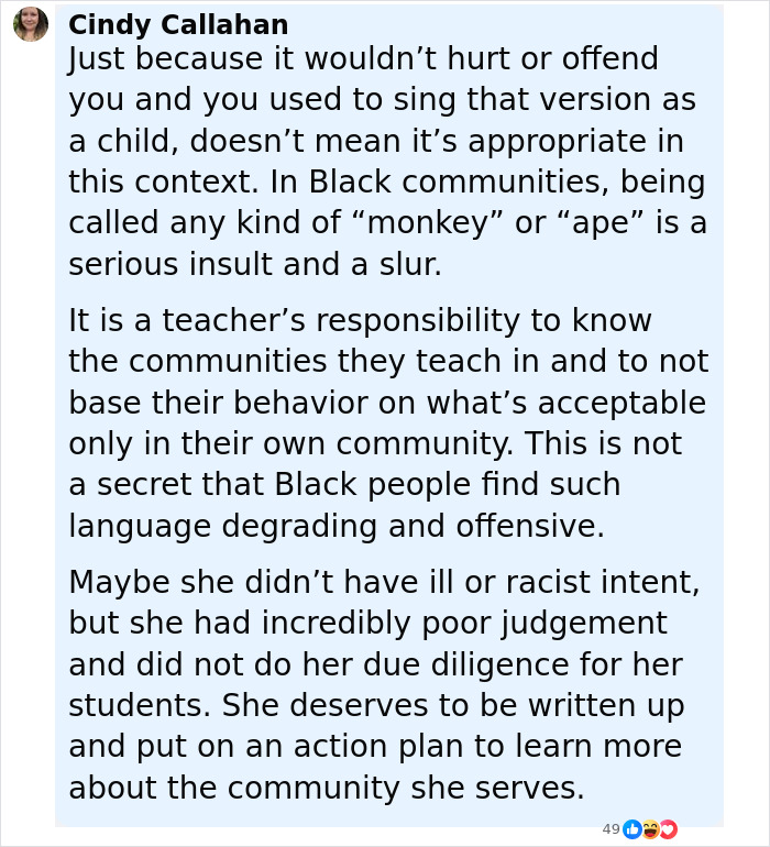 Alt text: Comment explaining the racist impact of calling Black students monkeys and teacher responsibility in diverse communities