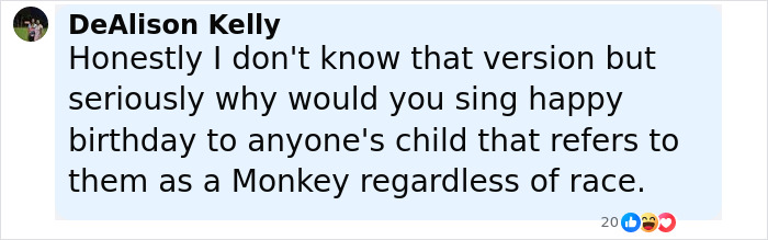 Comment discussing concerns over a white teacher accused of racism for singing a birthday song to a Black student referencing monkey.