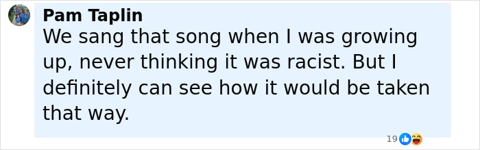 Comment by Pam Taplin reflecting on singing a song considered racist, related to a white teacher accused of racism incident.